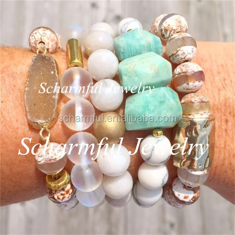 BS190707 Bohemia Amazonite Nugget Stretch Bracelet,Dzi Agate Stone hammered Bar Beads Stackable bracelet