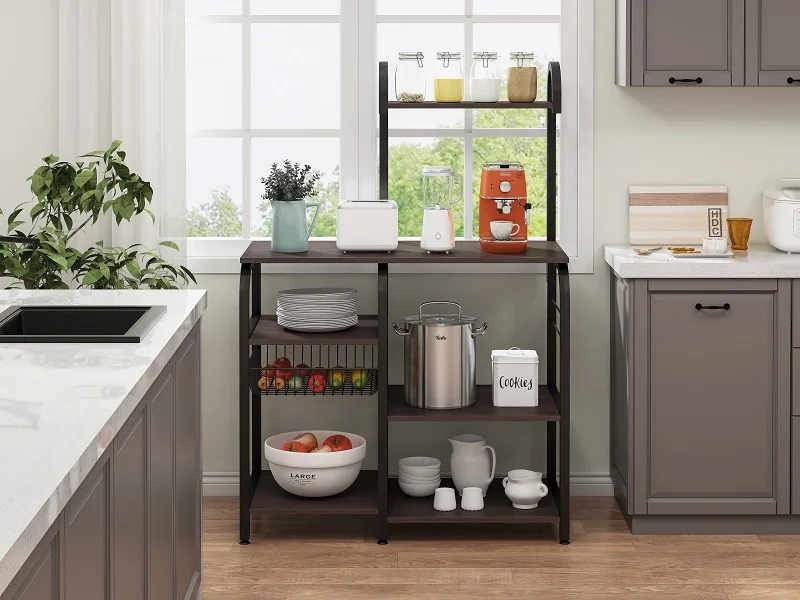 
Wooden small stainless steel MDF Microwave oven kitchen shelf rack storage organizer Bakers Rack in the kitchen 