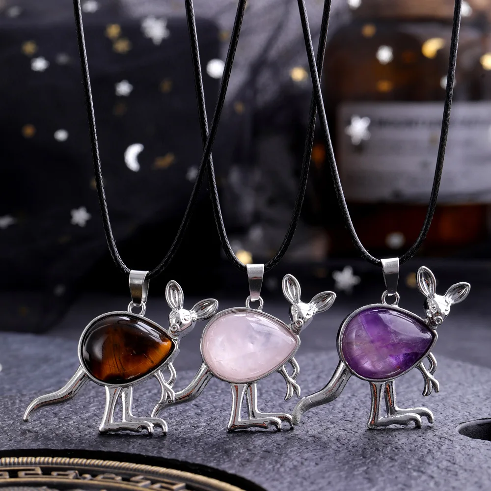 Fashion Jewelry Cute Animal Kangaroo Pendant Necklace for Women Girls Natural Stones