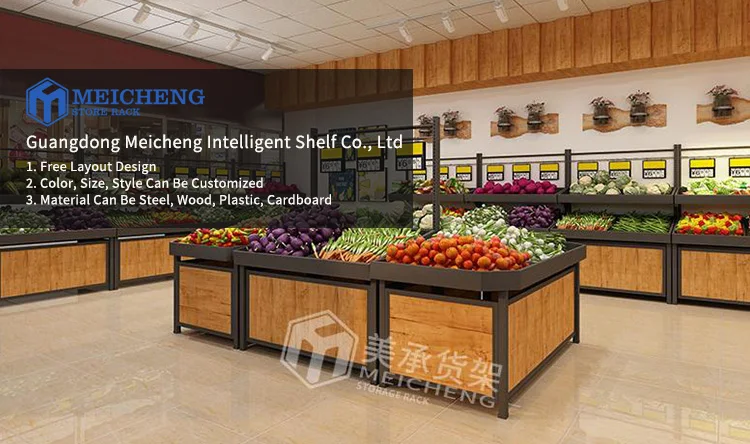 Meicheng Shop Racks Wooden Vegetable Stand Supermarket Steel Wood Fruit Vegetable Display Stand