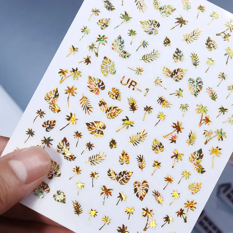 
1Pcs 3D Holographics Nail Sticker Coconut Tree Leaf Gold Nail Adhesive Decals Holo Laser Glue Tips Nail Art Decoration 