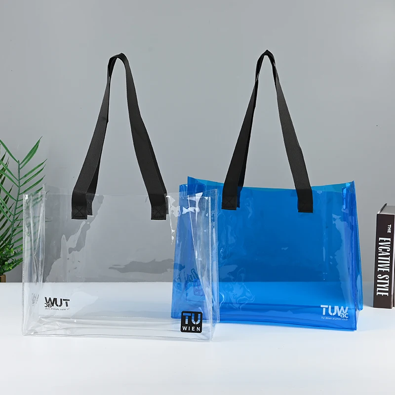 transparent clear pvc Shopping cosmetic Tote Packaging Plastic Waterproof beach clear holographic PVC Handled shopping Bag