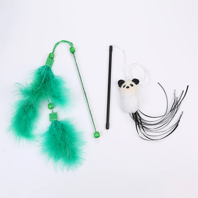 panda and green feather shape cat teaser interactive toy wholesale pet supplies in stock