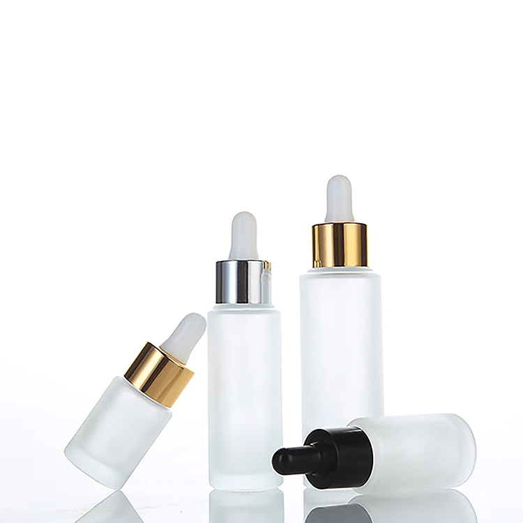 packaging round frosted flat shoulder luxury serum glass essential oil dropper bottle