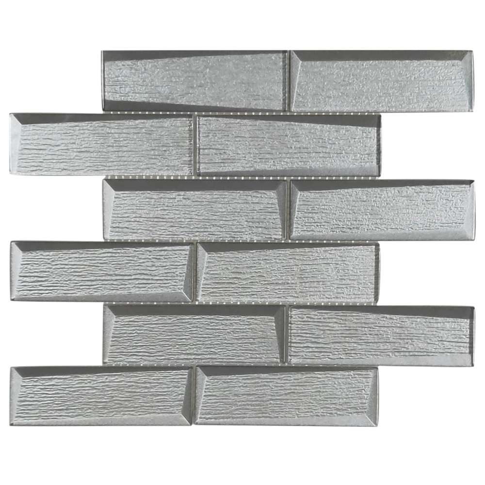 8mm Kitchen backsplash 3D beveled edge silver wood grain glass subway tiles mosaic