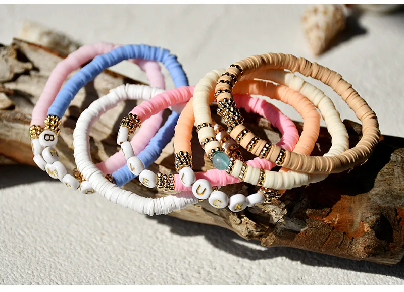 SHIHAN Bohemian Colorful Polymer Clay Acrylic Letter Love Beach Mama Lucky Beads Bracelets