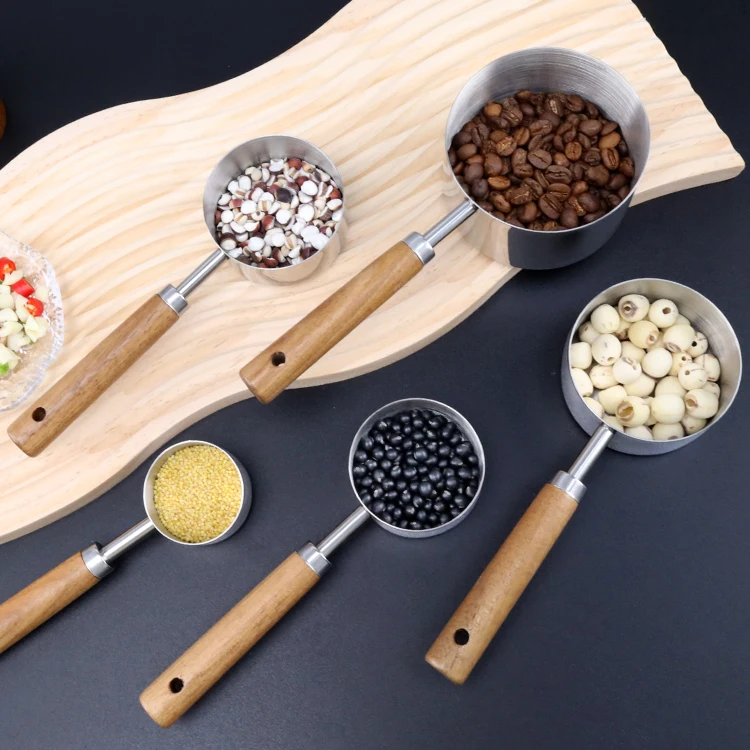 Luxury kitchen coffee scoop stainless steel measuring spoon wholesale wood handle measuring cups and spoons set