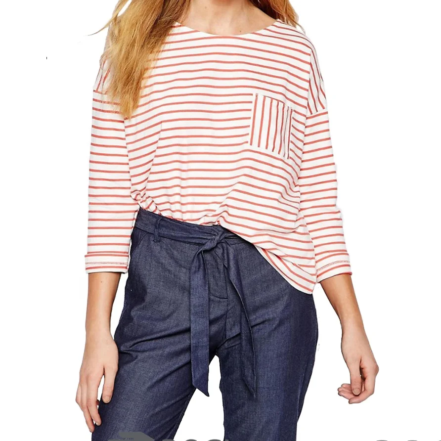 Supper soft pure cotton jersey Bretton stripe boat neckline women regular fit shoulder drop t shirt with pocket