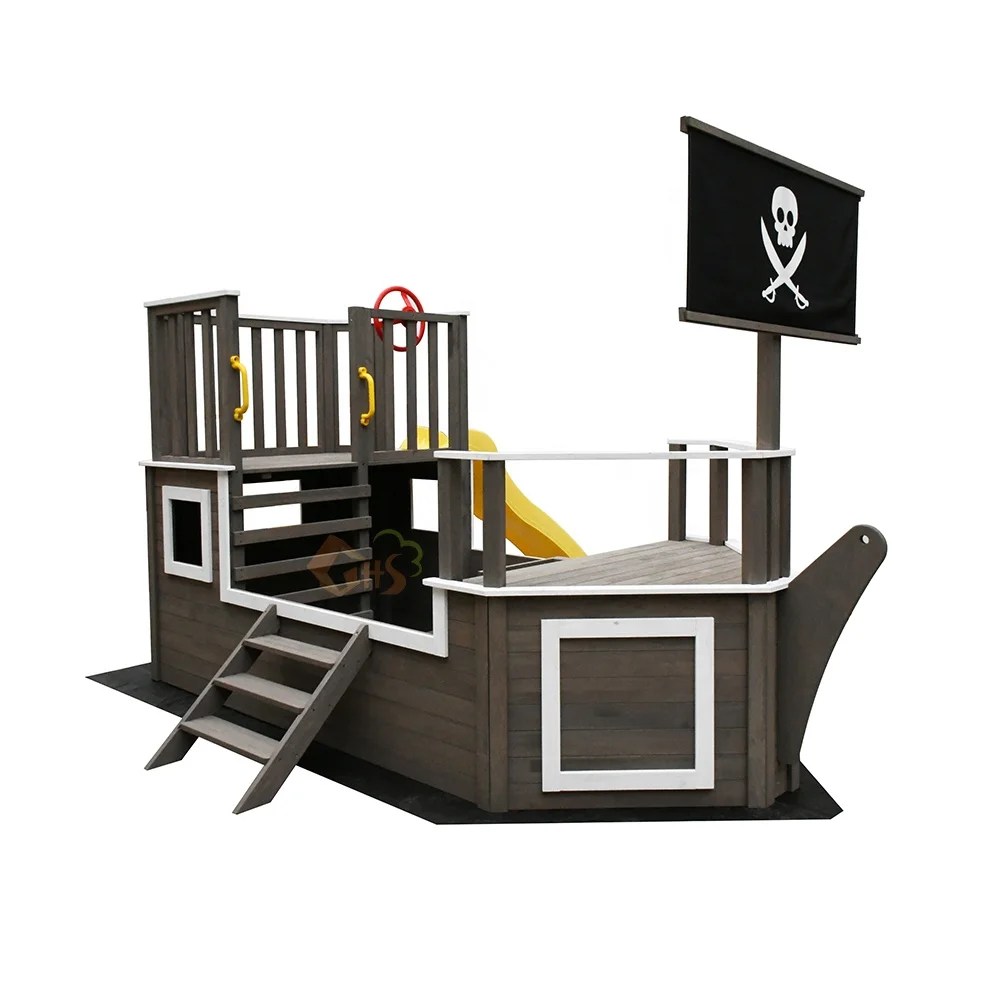 Luxurious multifunctional wooden children outdoor kids pirate ship sandbox sandit with slide flag and steering wheel