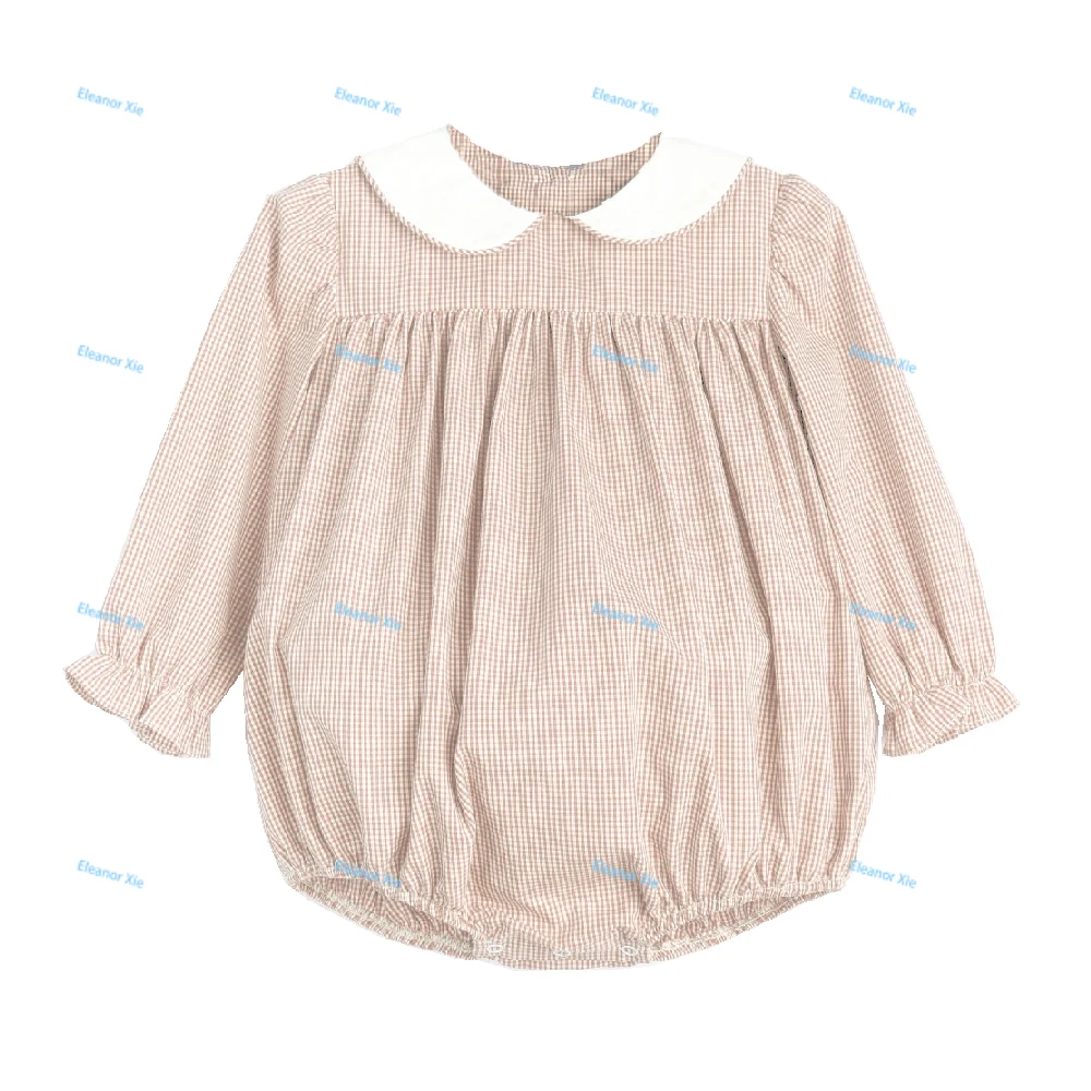 Customized tan tiny check peter pan collar baby clothes Turkey gingham toddlers little girl bubble romper