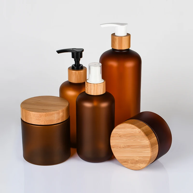 cosmetics set packaging 120ml 250ml 500ml amber frosted room spray body wash lotion pump plastic bottles with bamboo lid