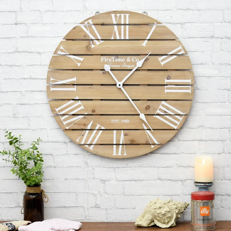 Hot Selling Large Size Roman Numerals Farmhouse Retro Big Wall Clock Splicing Mdf Wooden Strips Vintage Analog Wall Clock