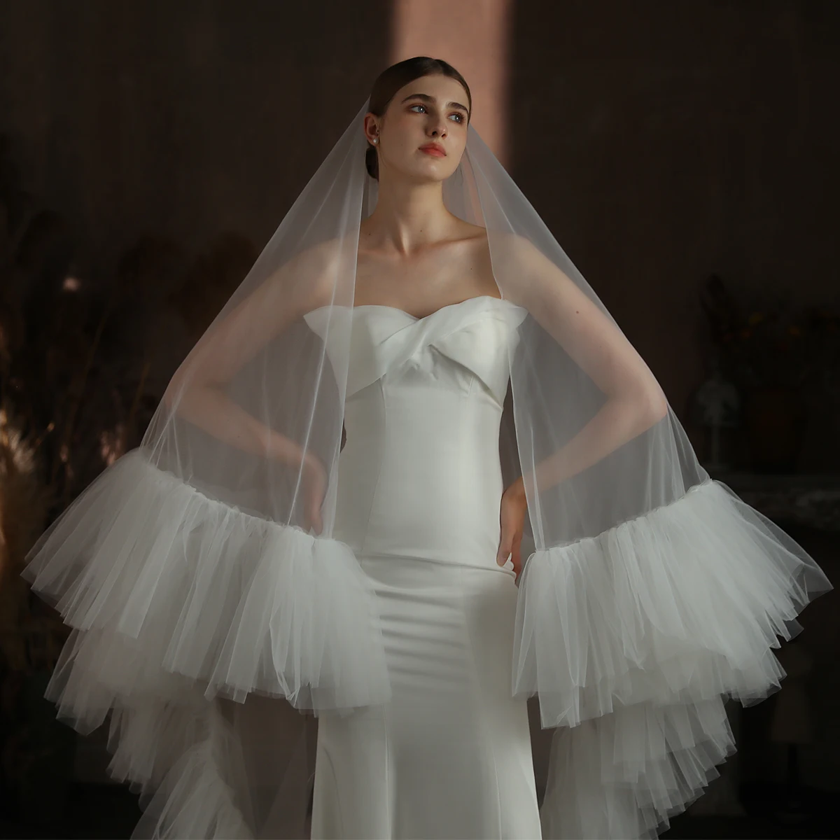 V336 Unique Wedding Bridal Cathedral Veil Two-Layer Tulle Ruffled Edge Long Train White Handmade Royal Brides Veil