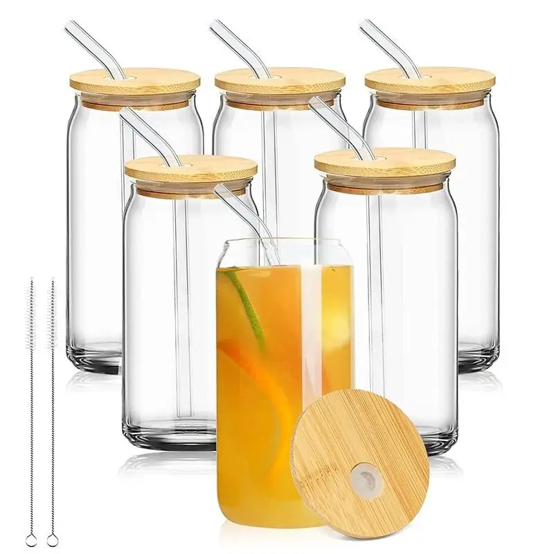 16oz Drinking Glasses Beer Glass Cups with Bamboo Lids and Glass Straws