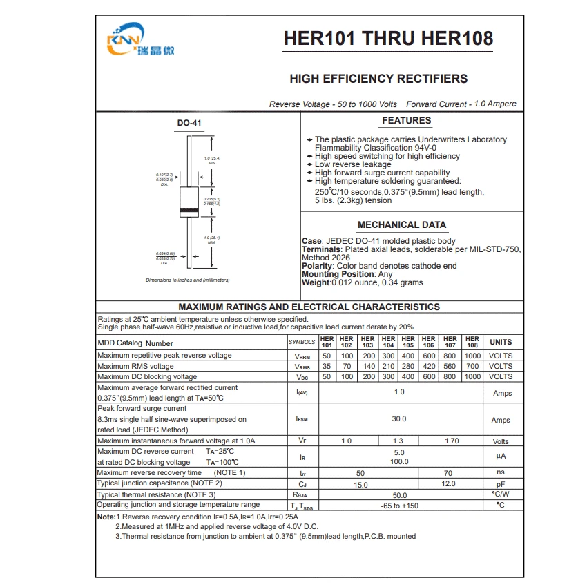 HER107 High Efficiency Rectifier Diode 1A 800V 50-70ns DO-41 DO-204AL Axial 1 Amp 800 Volt Electronic Diodes