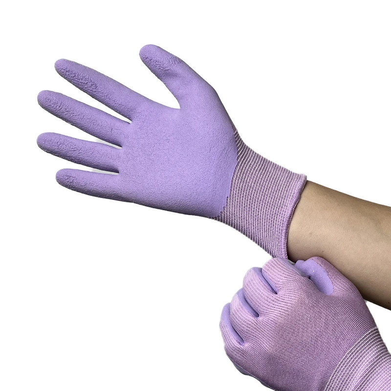 Breathable Ultra-thin Flexible 13G purple polyester liner, purple foam latex palm coated gloves Glove For Work And Handling