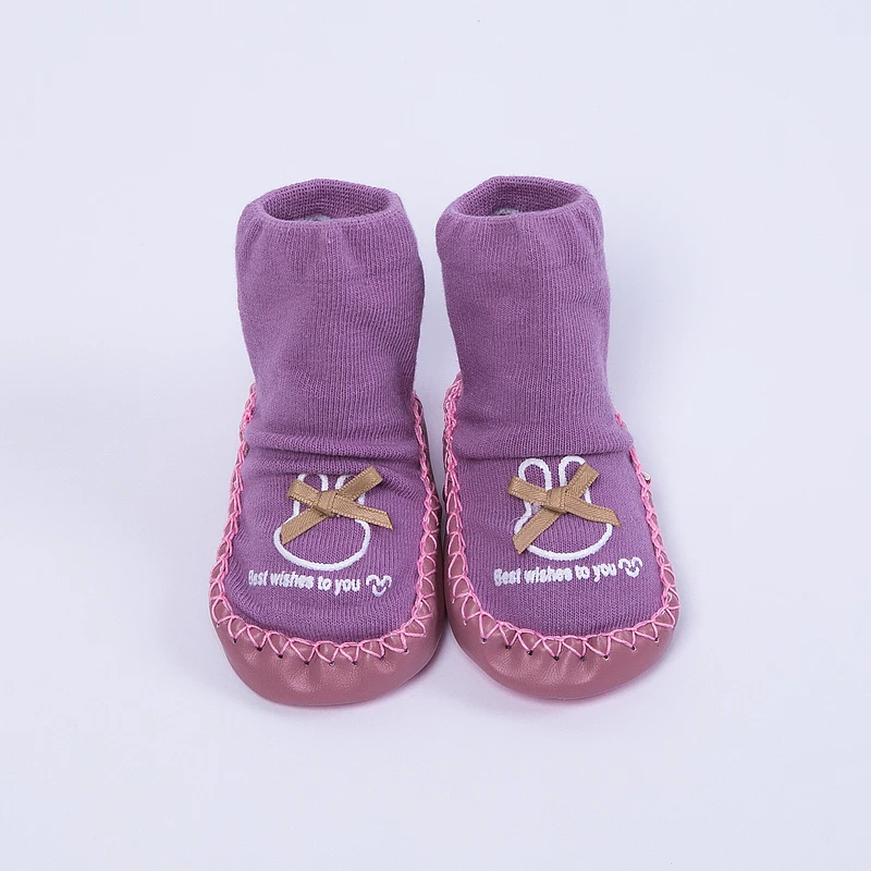 Factory Supply Warm Knit Slipper Baby Socks With Leather Sole Kids Children Shoes Non Slip