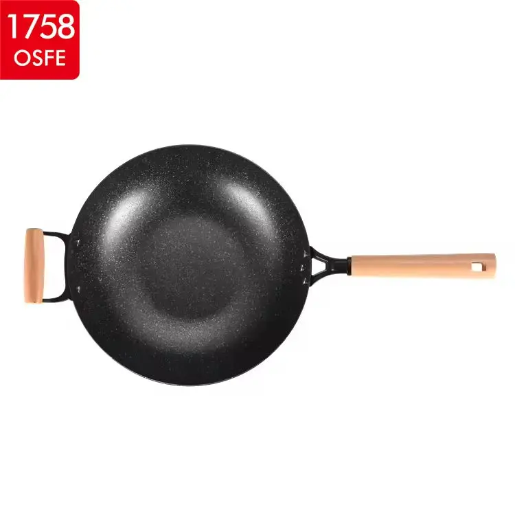 Fast Shipping Double Burner 3.0Mm Stone-Derived Coating Non Stick Cooking Cast Iron Wok With Wood Handle