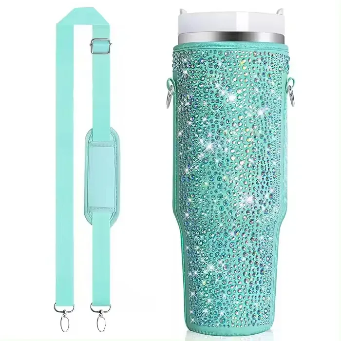 Stylish Bling Rhinestone 40oz Tumbler Cup Holder Sling Neoprene Water Bottle Carrier Cover Bag With Adjustable Strap