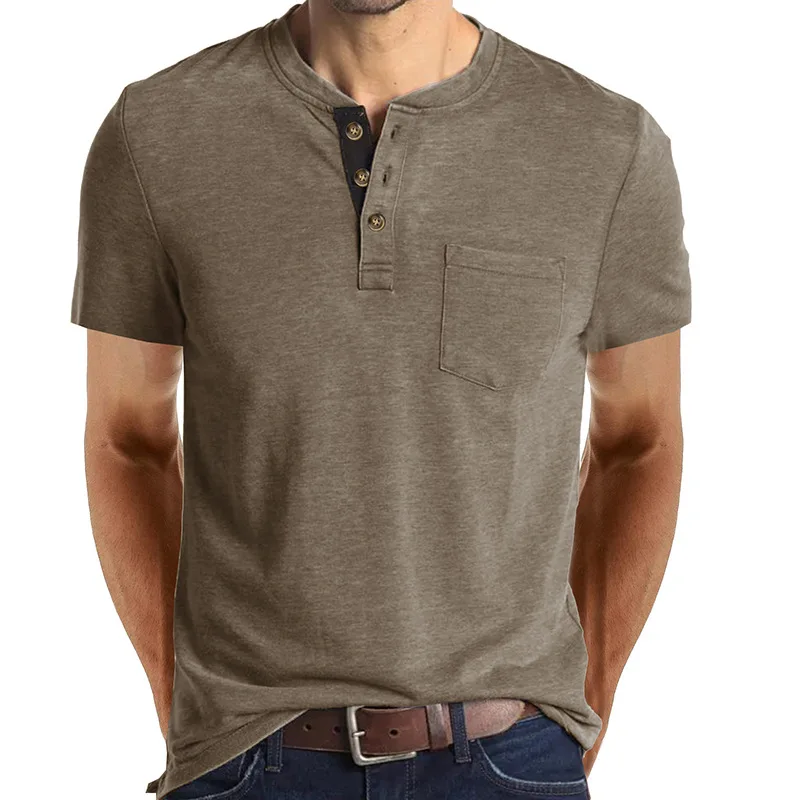 Fashion Design Slim Fit Solid T-shirts Male Summer men button Solid t shirts with pocket