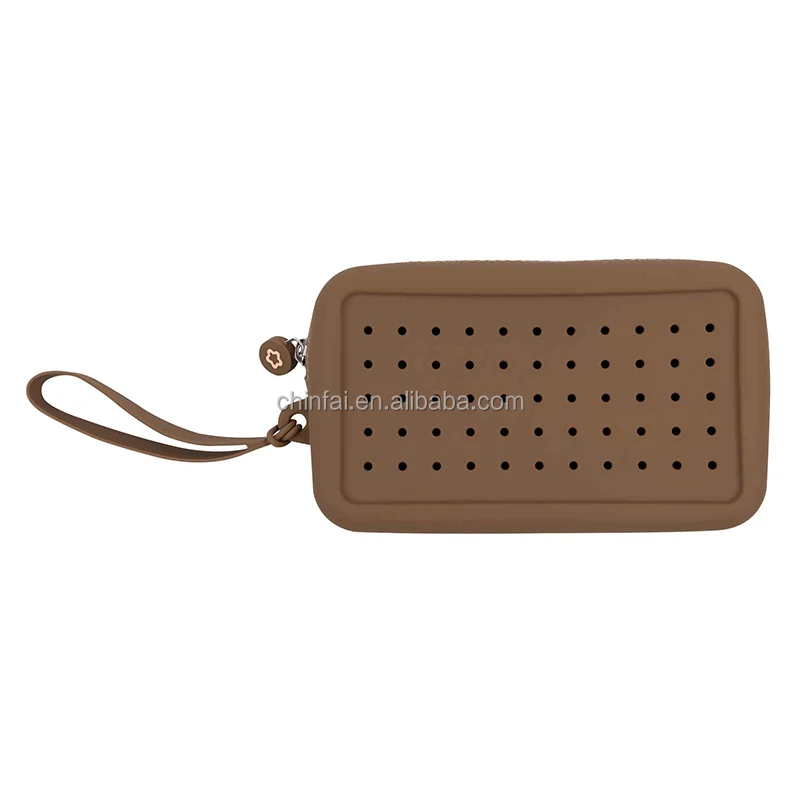 Chinfai Customized Hole Charms Portable Zipper Silicone Mobile Bag with Strap