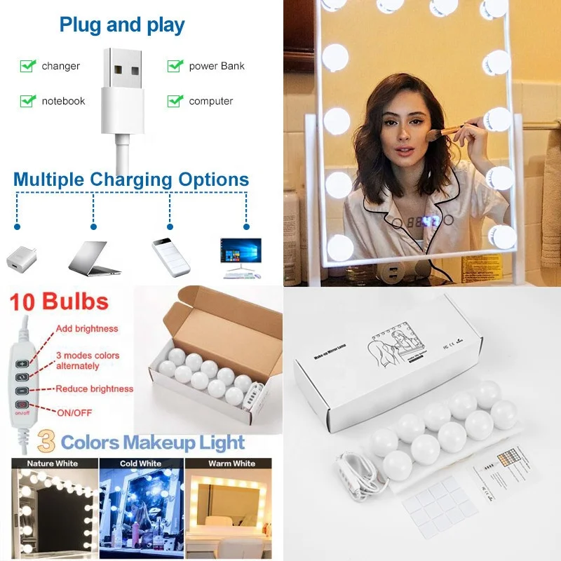 Led vanity mirror bulb USB Hollywood vanity mirror lamp bathroom dresser lighting 3-color dimmable led wall lamp