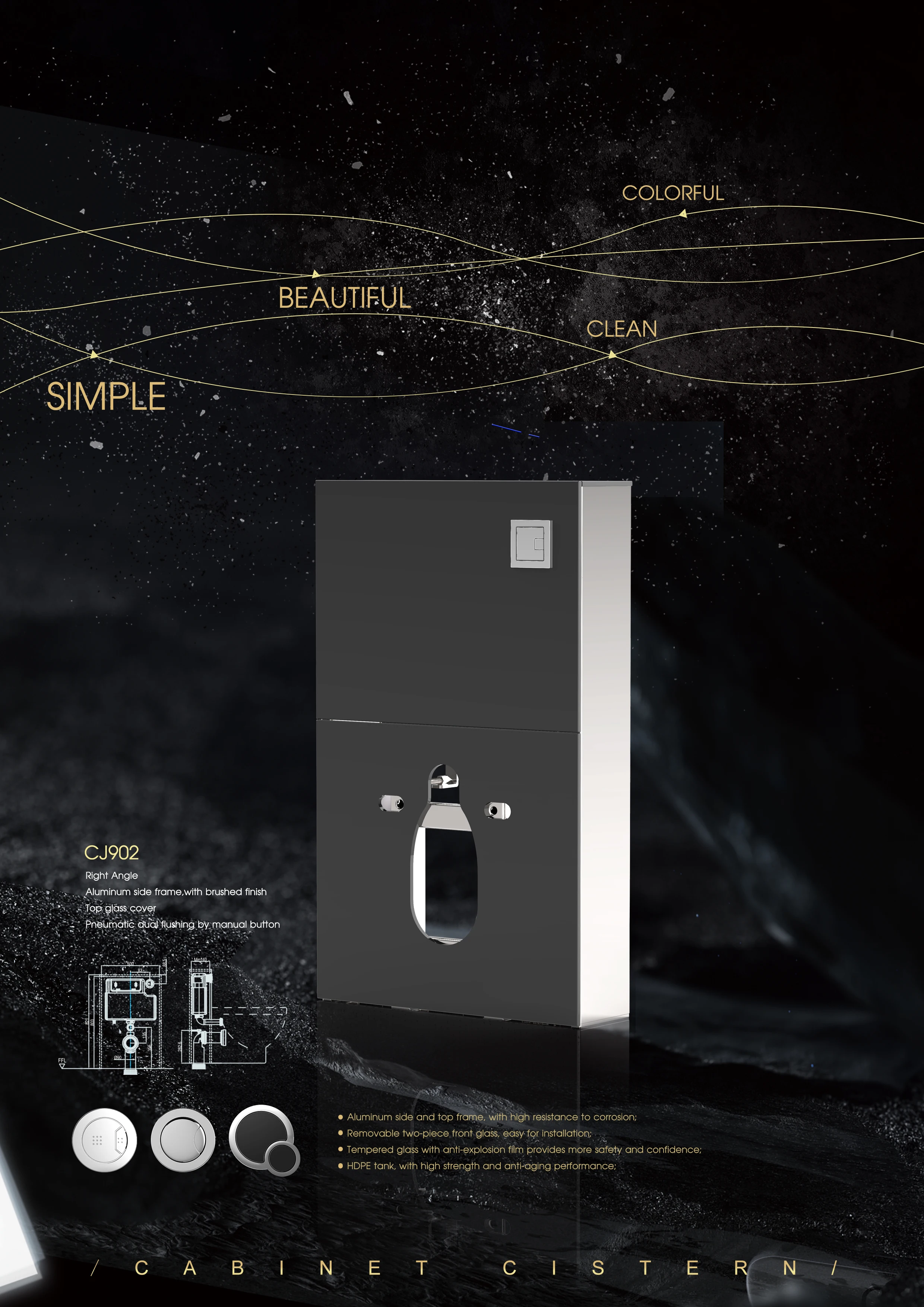 OEM Customized Modern bathroom Wall Mounted Tempering Glass Low Penumatic Cabinet Cistern Flushing Tank Two Piece Design