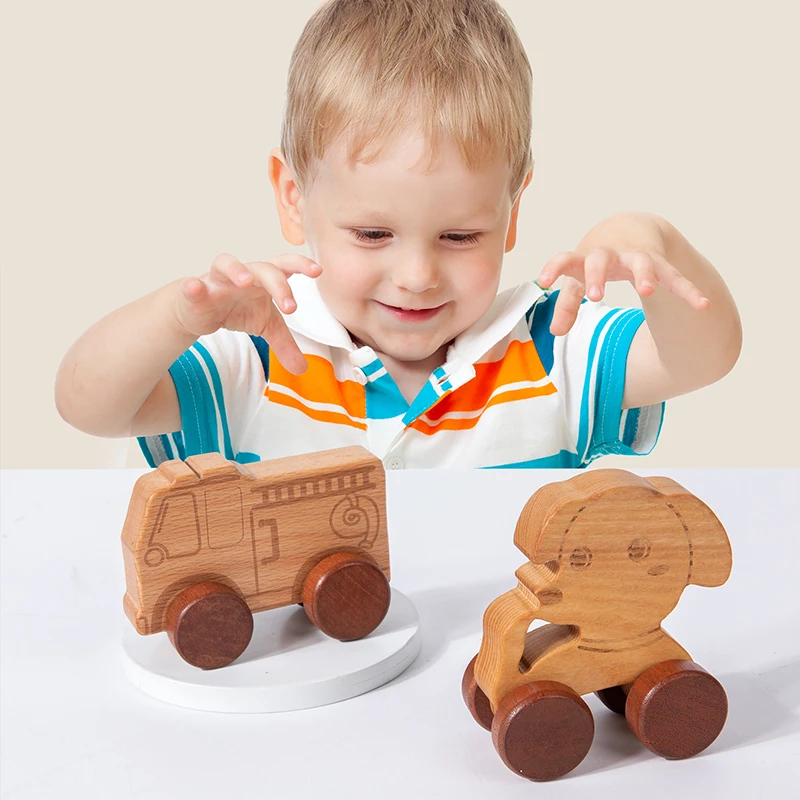 Wholesales Organic Beech Wooden Educational Toys With Wheels Animal Shaped Wood Car on Wheels for Kids Gift