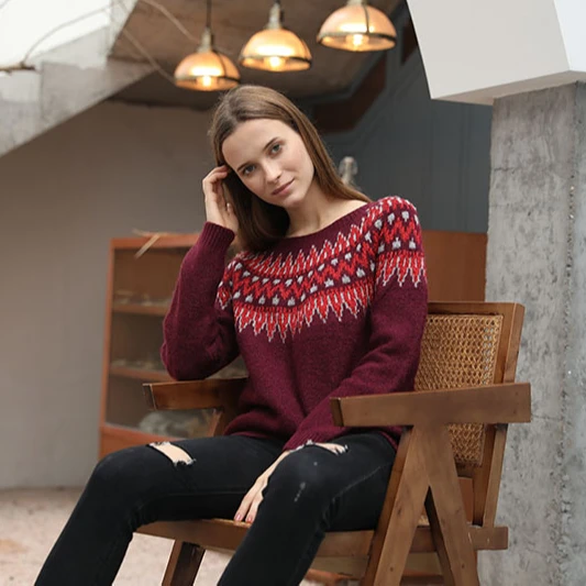 2020 winter popular ladies long sleeve  knitted intarsia christmas pullover