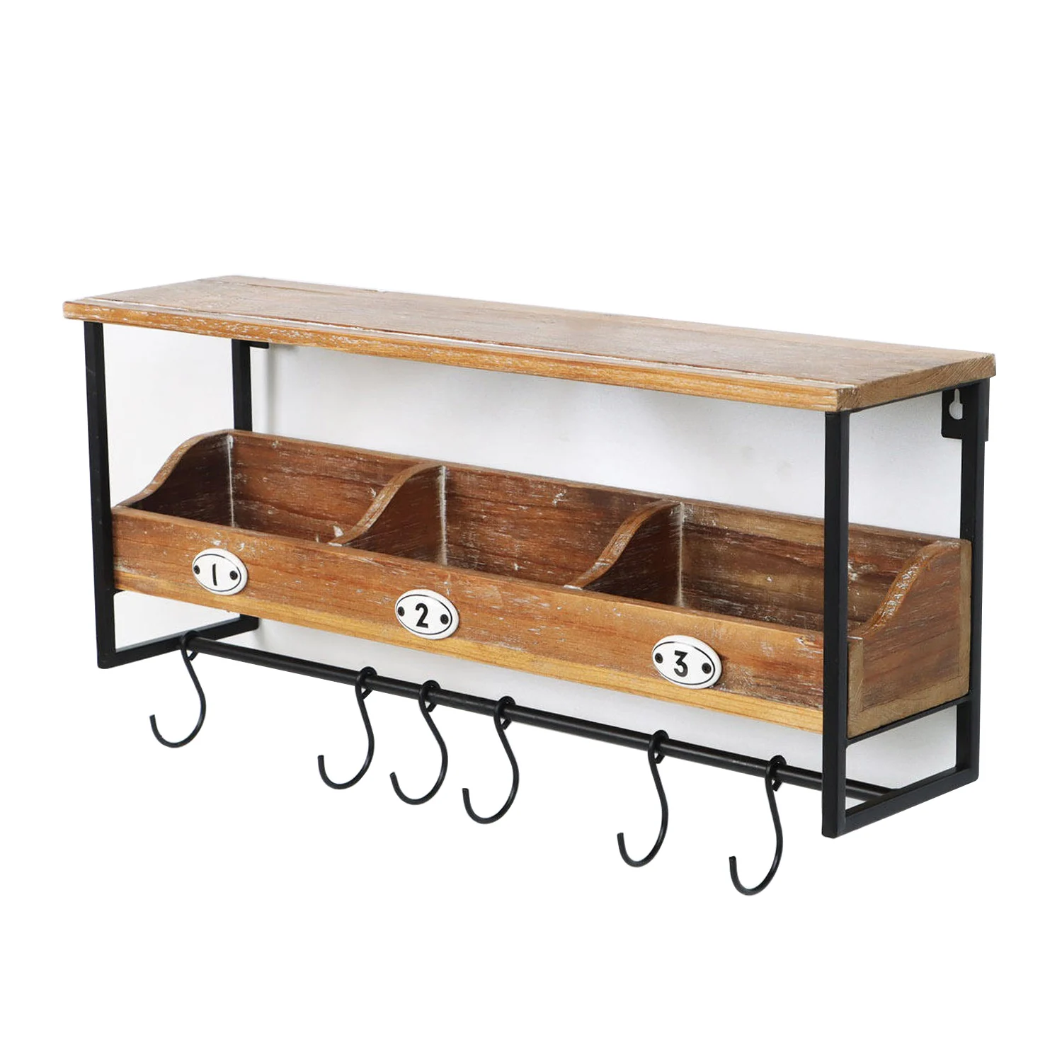 Wall Storage Holder Hanging Organizer Iron Wood Collocation Wall Hanging Storage Rack 6 Hooks Bathroom Towel Rack Retro Brown