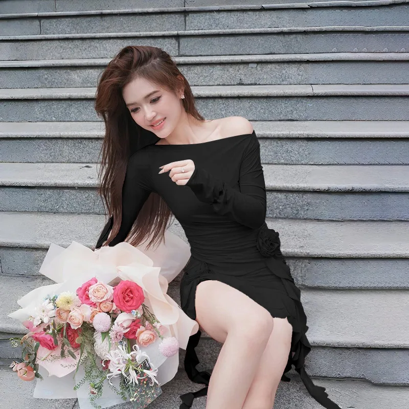 King Mcgreen star Sexy Solid color one shoulder long sleeve 3D floral ruffle edge pleated short dress for women