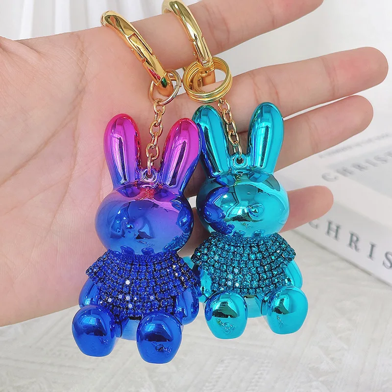 Luxury 3D Cartoon rhinestone Rabbit Crystal stone Key Chains Leather Wristlet Lanyards Bear Keychain Custom Bag pendants
