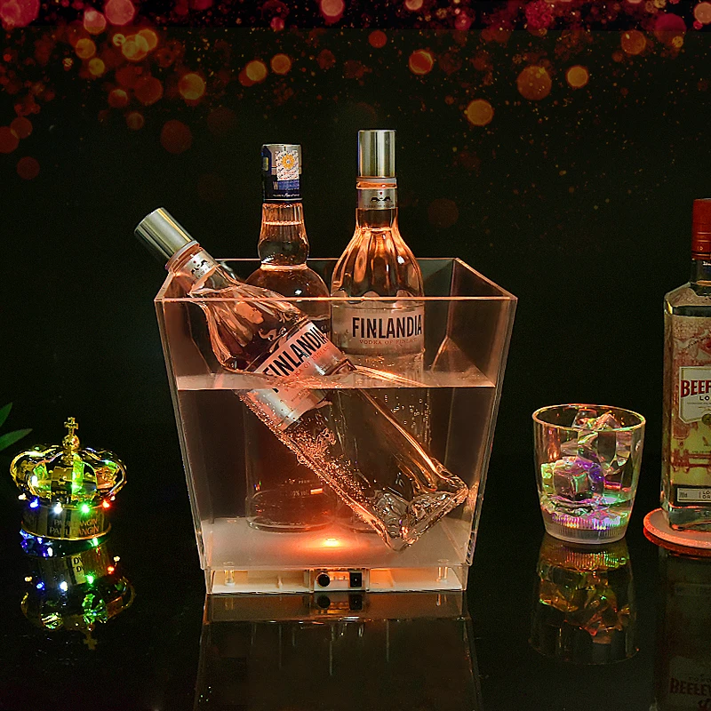 Promotional square shape logo color customized clear rechargeable 10L beer vodka LED  ice bucket Bar Wine Bottle cooler