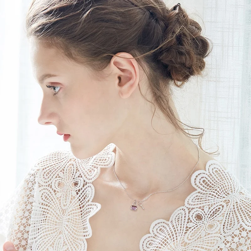 CDE Silver 925 Sterling Silver Pink Austrian Crystal Lock And Key Necklace For Women