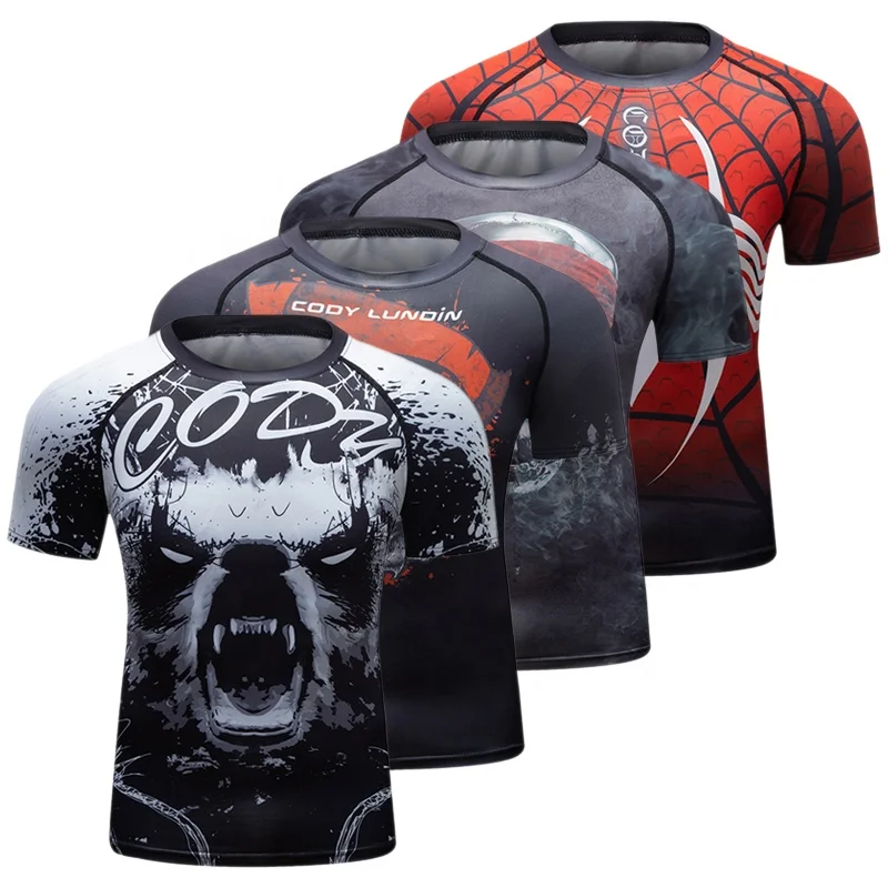 Wholesale custom compression men gym sublimated black t shirt printed mma bjj rush guard jiu jitsu swimming swimwear for men
