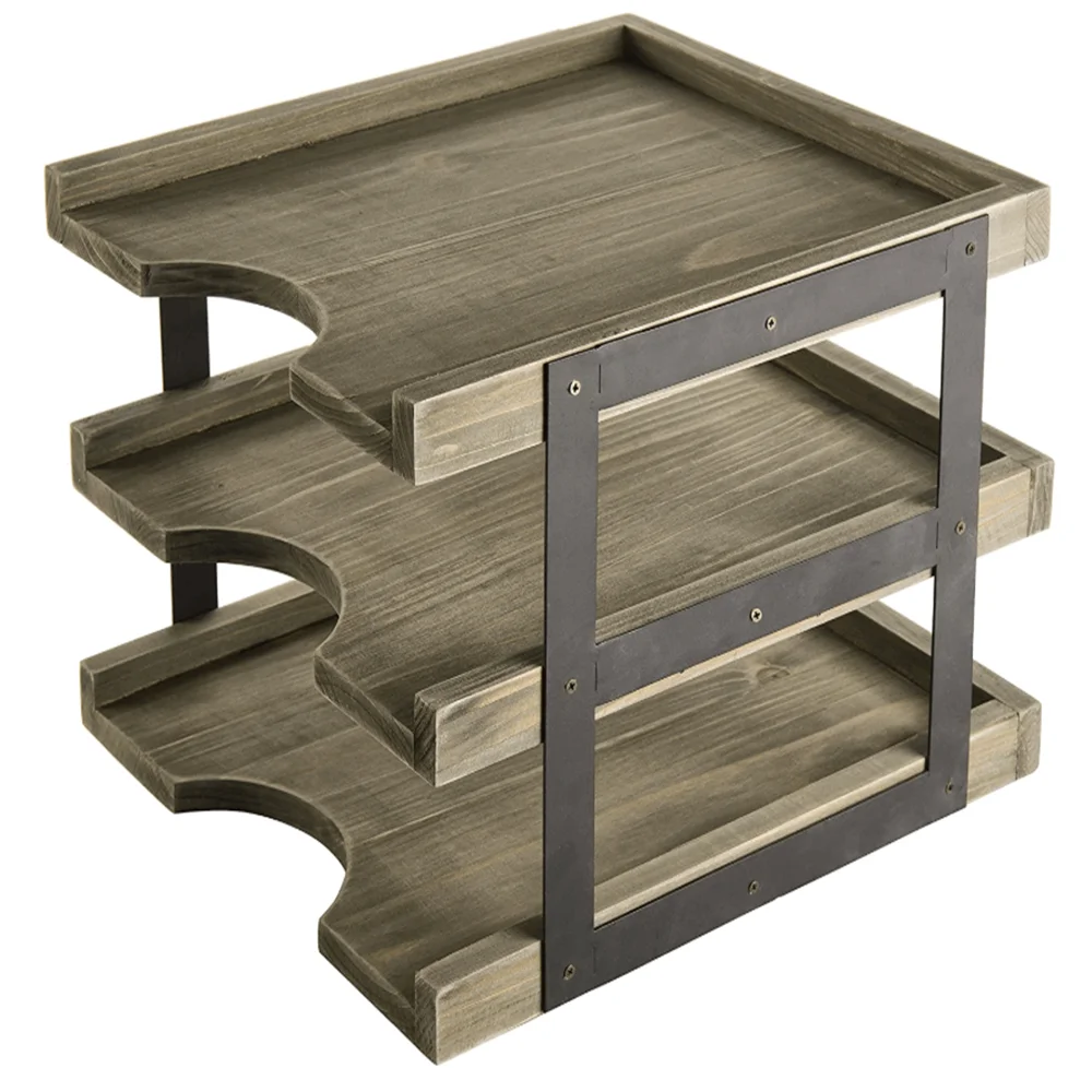 Brown 3 Tier Wood Desktop Paper Tray with Metal Frame Rustic Desk Document Mail Folder Holder Office Organizer