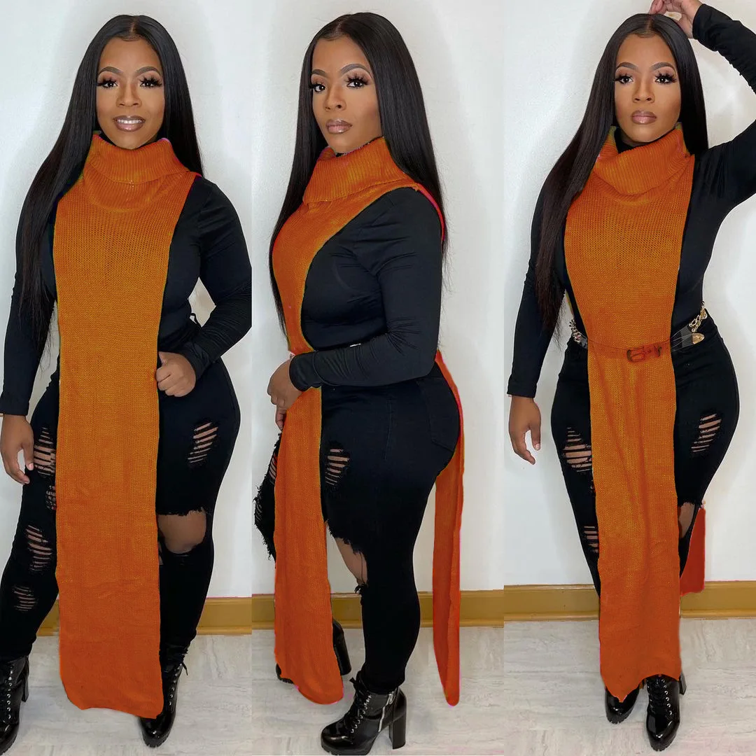 Solid Color Sweater Knit Boutique Clothing Dresses Sleeveless Turtleneck Shirt Top Nigh Club Shape Wear Split Sexy Dress Women