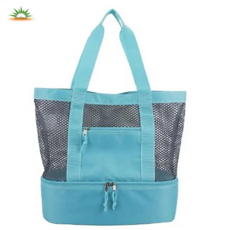 Multifunction Plastic Mesh Tote Beach Bag with Bottom Cooler Compartment