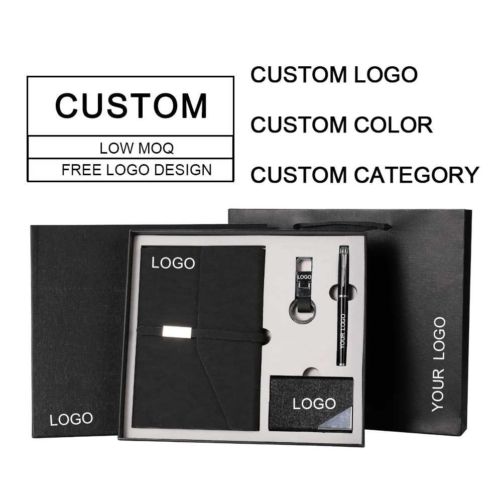 Low Price Wholesale Custom Leather Notebook And Men Gift Set In Gift Box With Elastic Band Metal Pen