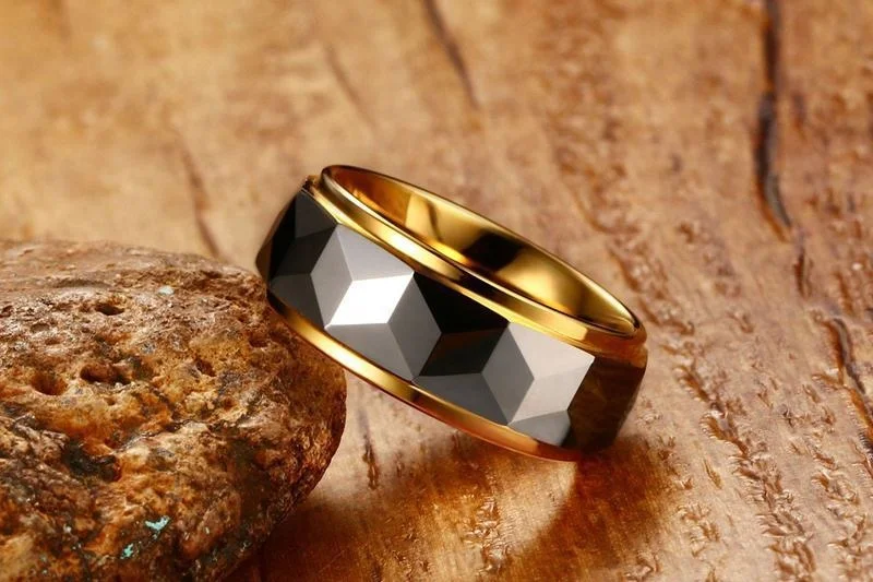 Gold Plated Tungsten Rings Hammered Men Ring Wholesale Men Jewelry