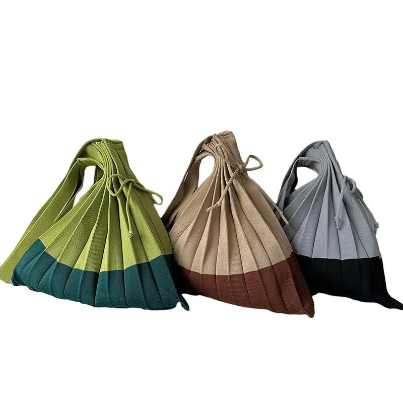 Korean spring summer style spliced pleated folding knit candy color shoulder bag Retro large capacity shopping bag organ bag