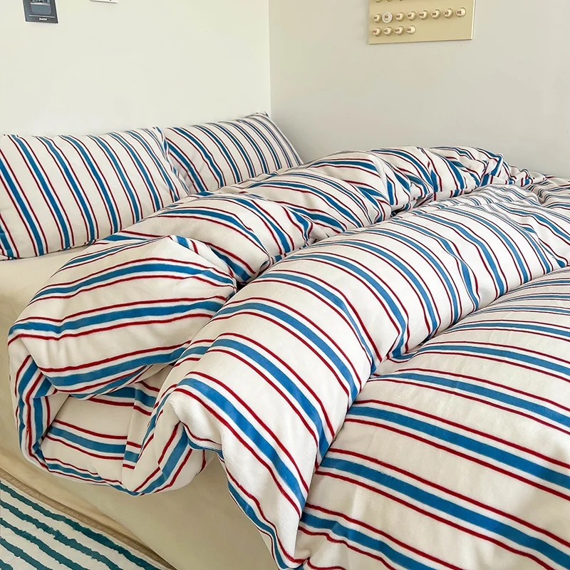 Most Selling Products Thick Blue Striped Pattern Milk Fleece bed cover duvet bedding bed sheets set