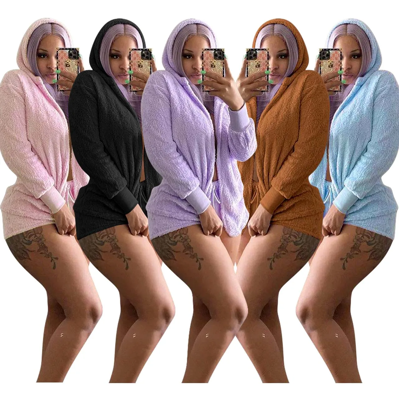 Women Home Wear Winter Fleece Pajamas Sets Double Sided Pajamas Casual Suit Zip Up Hoodie Short Pants Set Homewear Warm Clothes