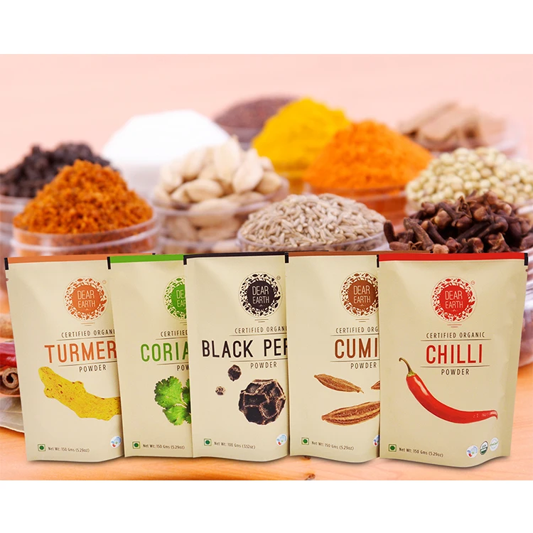 Custom Design Logo Printing Eco Friendly Resealable Zipper Stand up Food Packaging Biodegradable Brown Kraft Paper Spice Bags