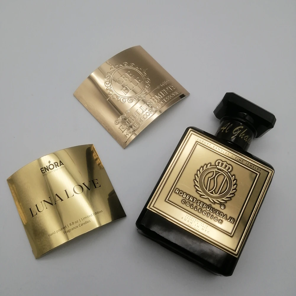 Custom metal logo stickers for perfume bottles gold metal sticker embossed label private logo sticker designers for my brand