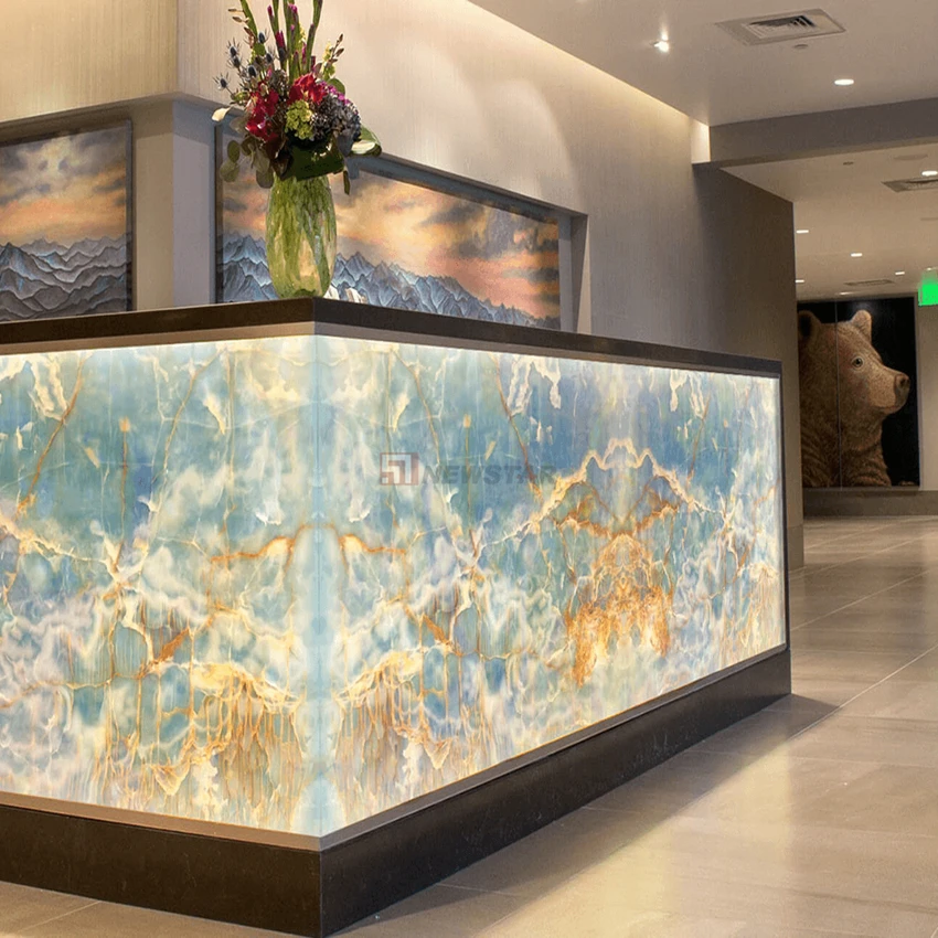 Newstar Natural Blue Onyx Backlight Translucency Stone Marble Reception Desk Hotel Counter Table