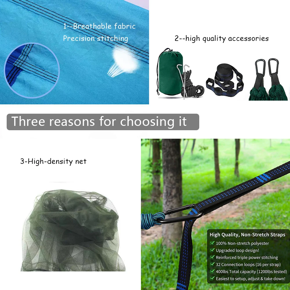 Camping Hammock with Net Double & Single Portable Hammocks Parachute Lightweight Nylon with Tree Straps for Outdoor Adventures