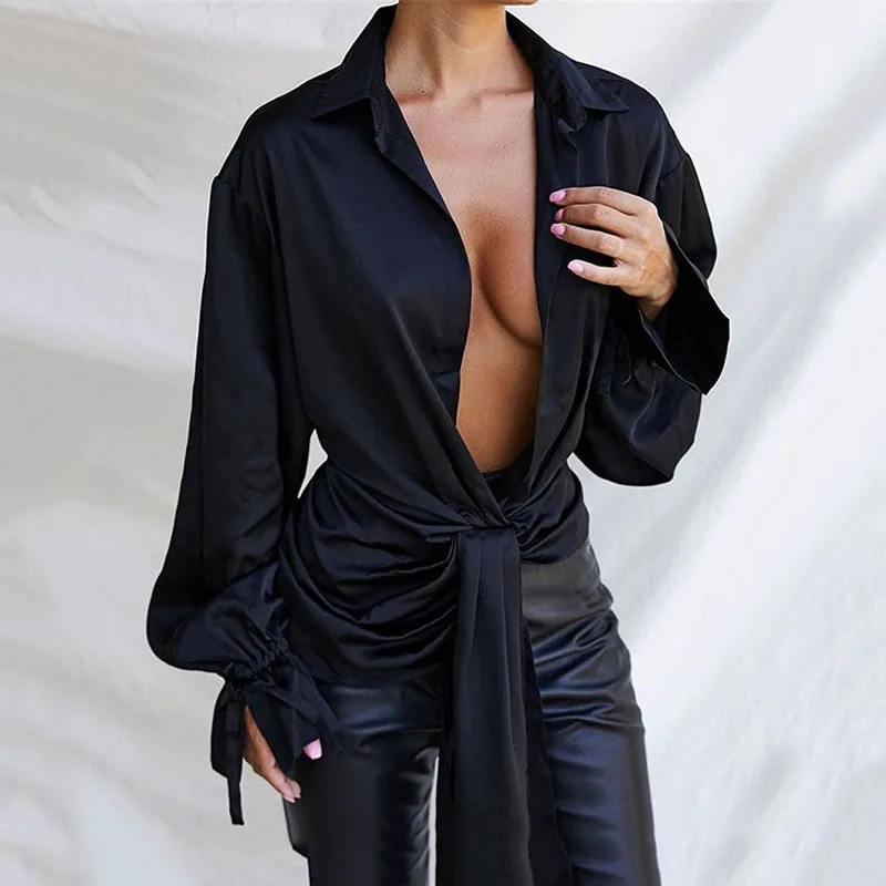 Deep v neck petal sleeve women blouse black bandage irregular loose shirts women winter casual oversized tops streetwear