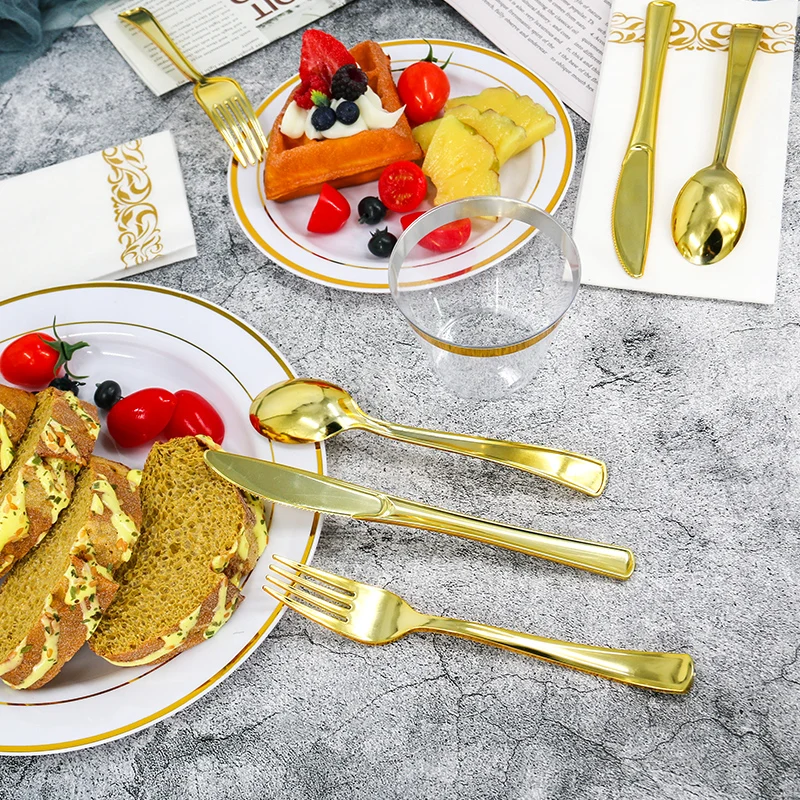 wedding party gold/silver/rose gold color custom plastic plates sets and tableware cutlery