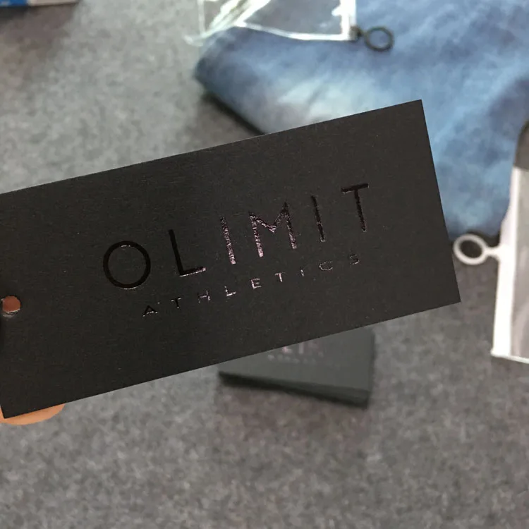 Garment double paper hangtag coated paper PVC craft paper printing embossed foiled UV Tech custom die cut hang tags
